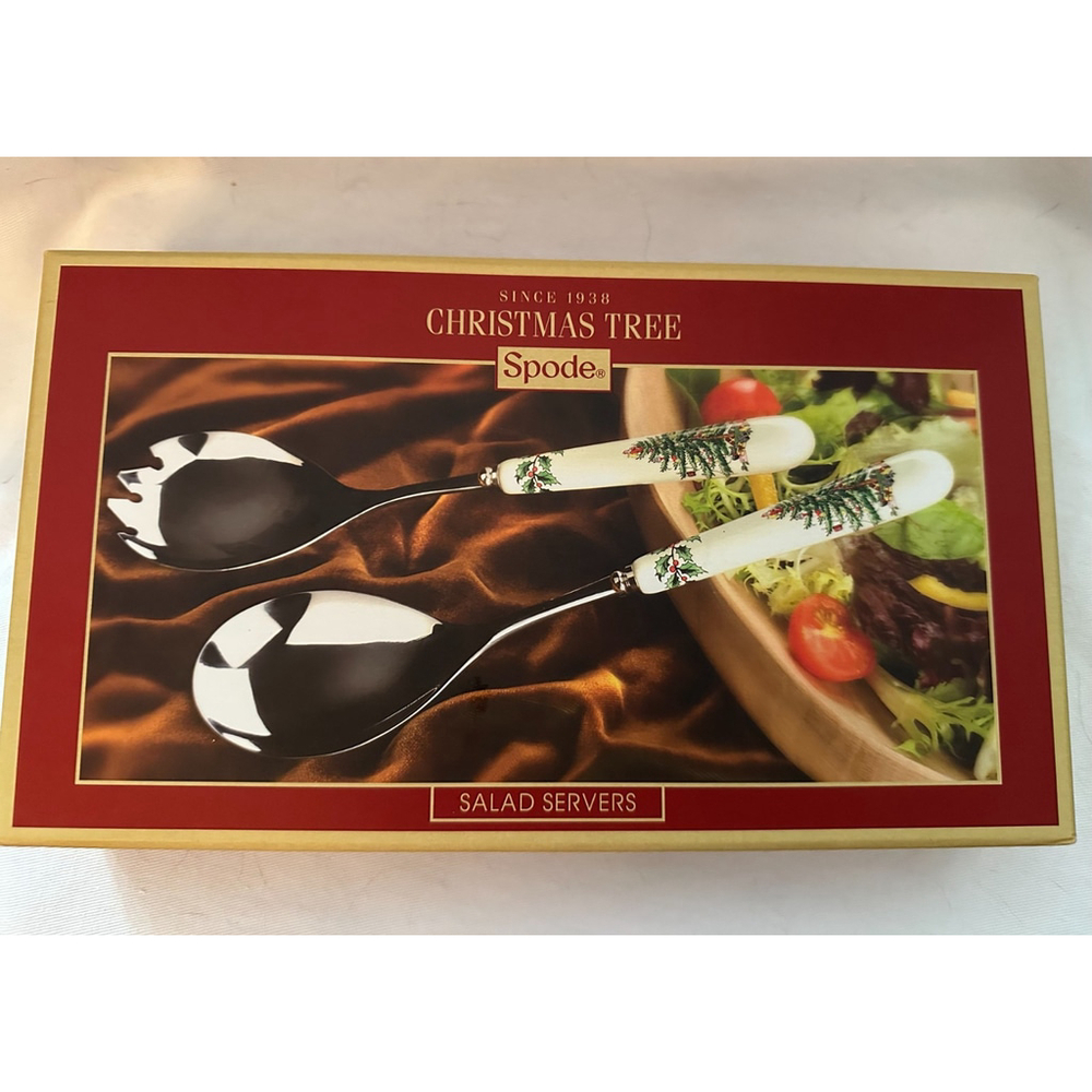Spode Christmas Tree 9.25" Salad Servers 2-Piece Set, Porcelain/Stainless Steel